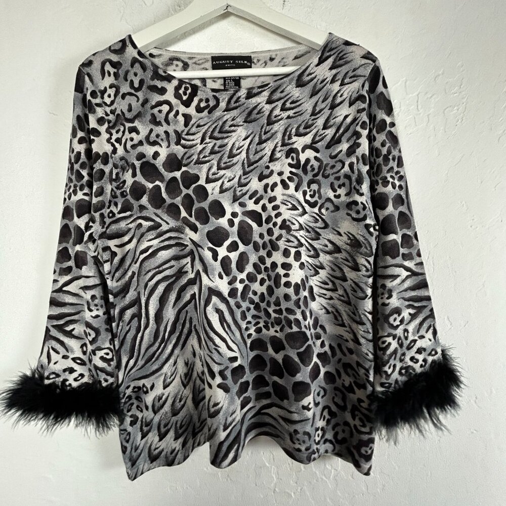 August Silk Women's Animal Print Knit Top Large Black Faux Fur Cuffs 100% Silk
